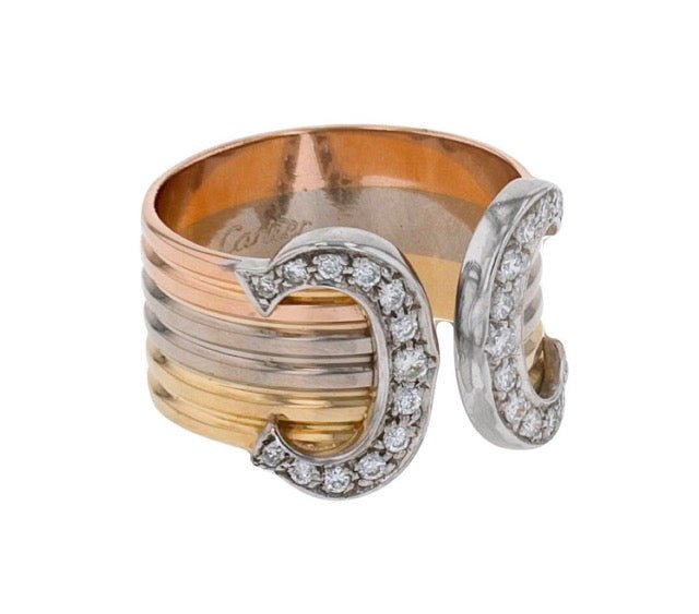 Cartier bague "Double C" grand modèle 3 ors et diamants vintage - Maison Eloe
