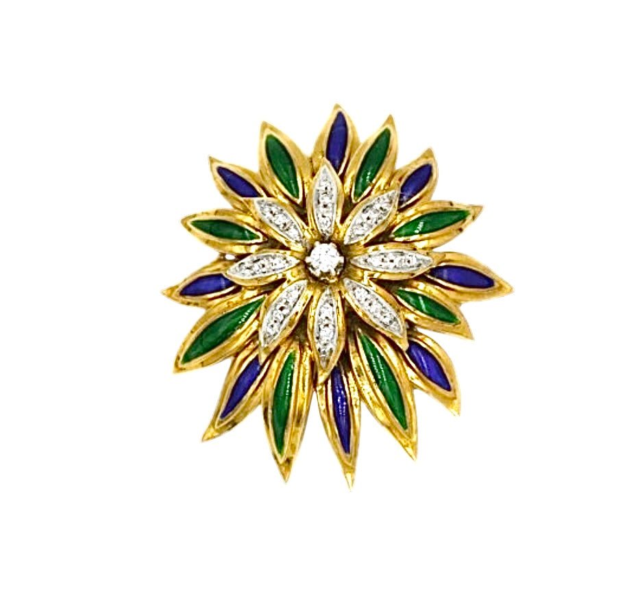Cartier broche Fleur vintage en or jaune et blanc, émail et diamants - Maison Eloe