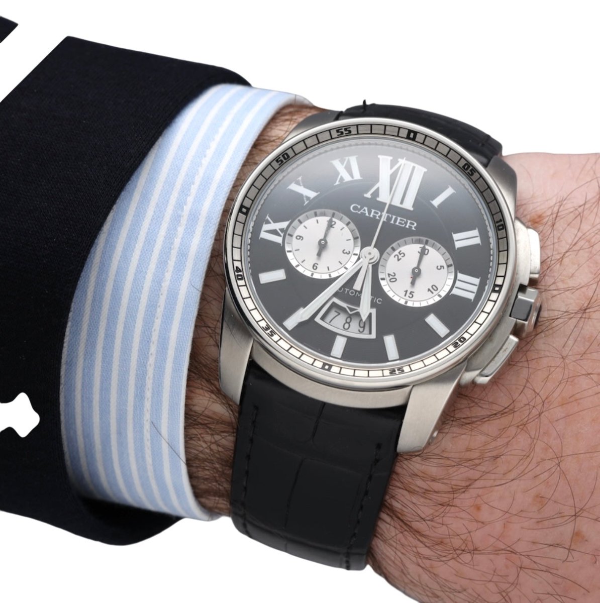 Cartier montre "Calibre Chronographe" en acier full set - Maison Eloe