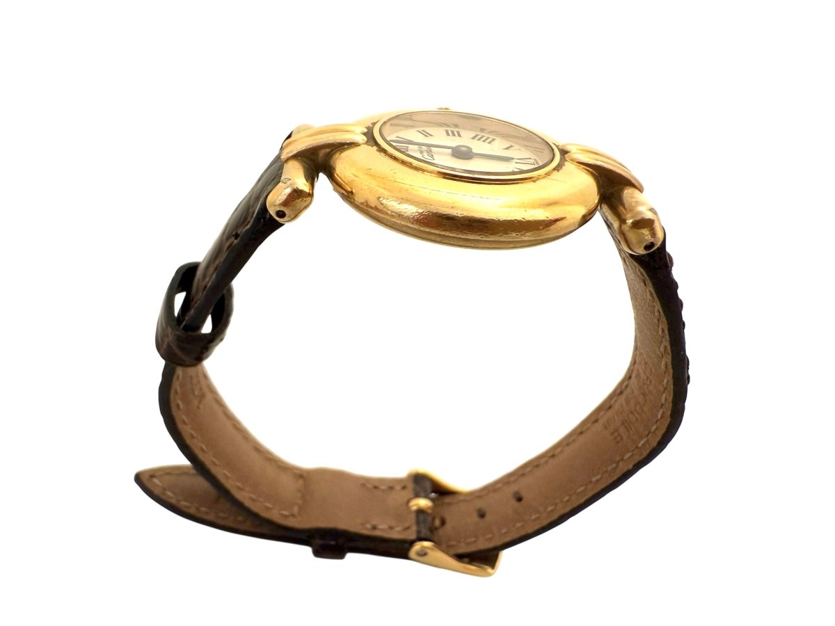 Cartier montre "Must Colisée", plaqué or sur bracelet crocodile marron - Maison Eloe