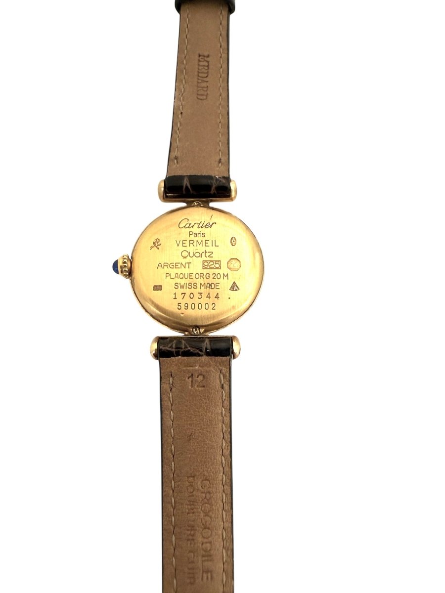 Cartier montre "Must Colisée", plaqué or sur bracelet crocodile marron - Maison Eloe
