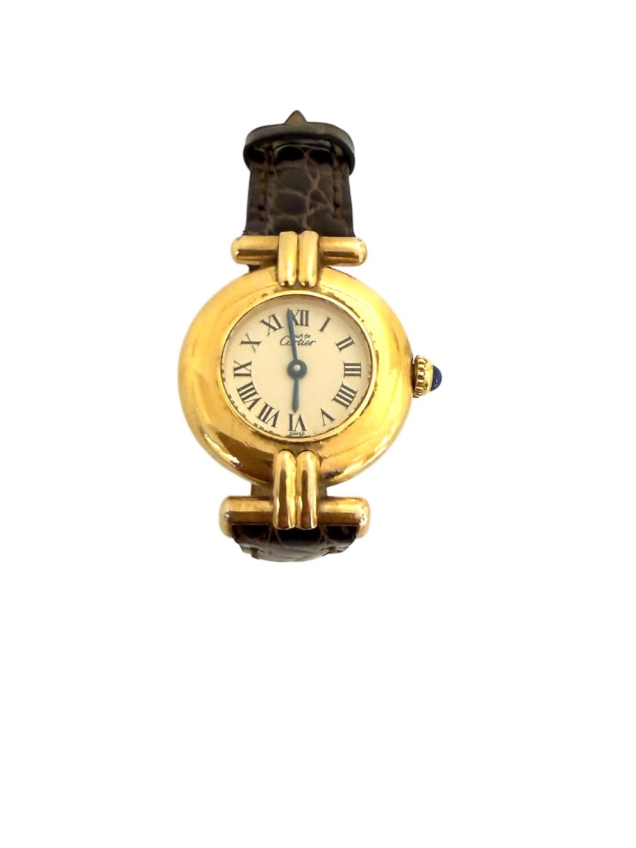 Cartier montre "Must Colisée", plaqué or sur bracelet crocodile marron - Maison Eloe