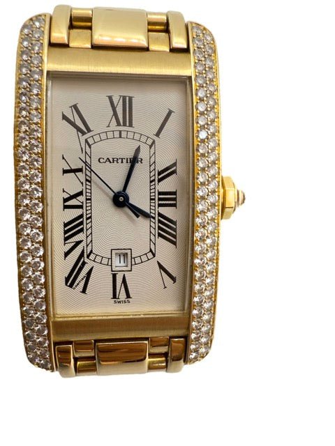 Cartier, montre Tank américaine en or jaune et diamants - Maison Eloe
