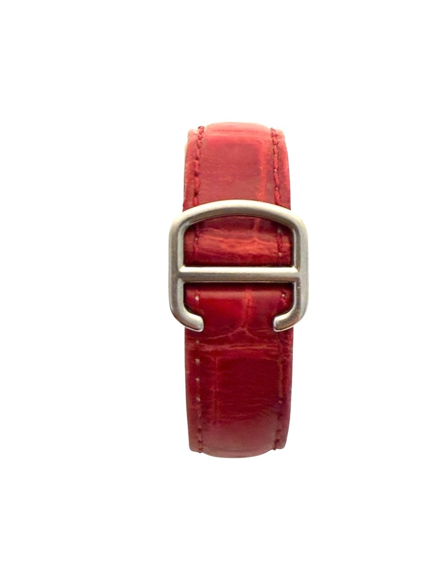 Cartier montre moyen modèle "Ballon bleu" en acier sur bracelet croco rouge. - Maison Eloe
