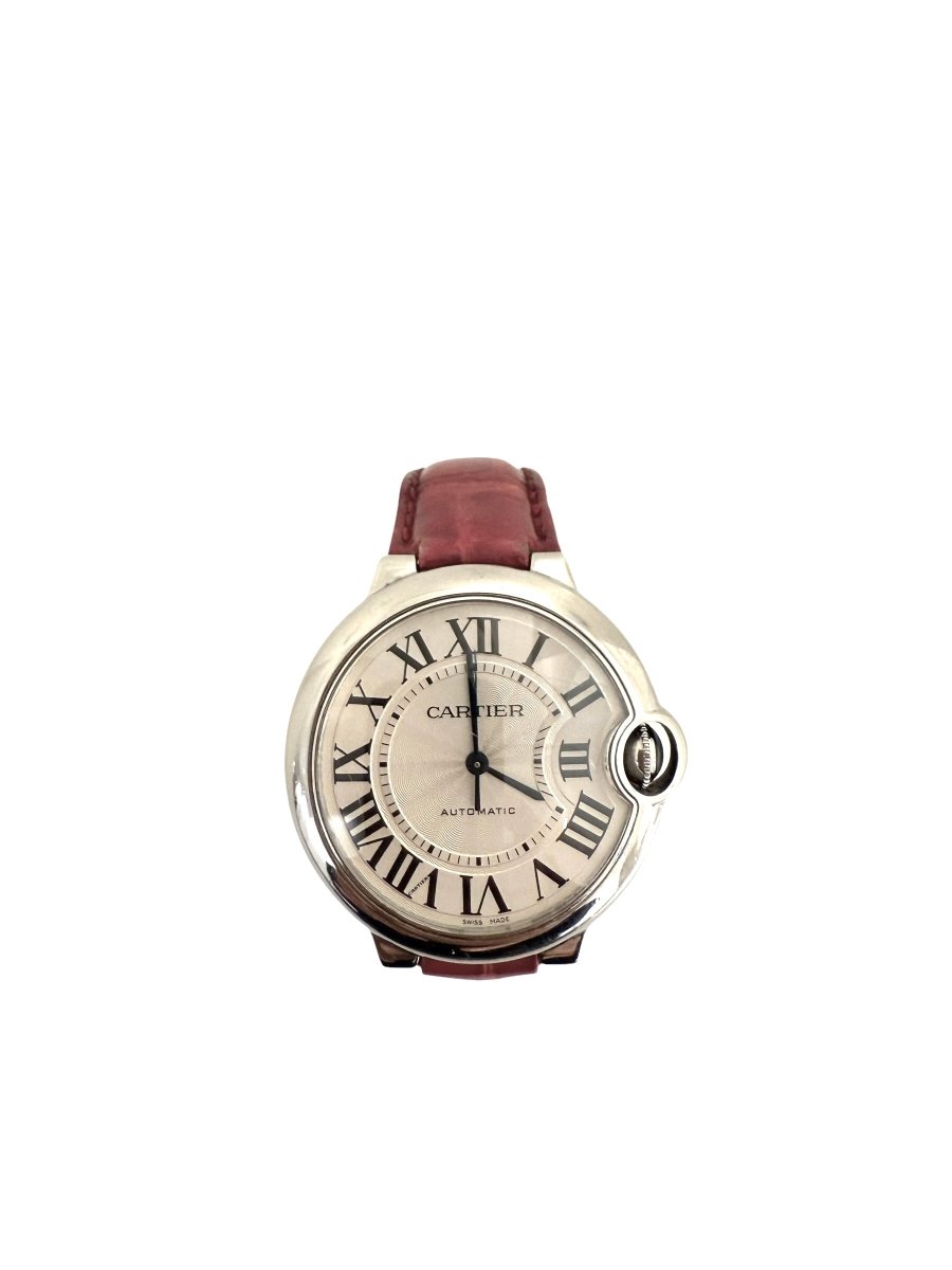 Cartier montre moyen modèle "Ballon bleu" en acier sur bracelet croco rouge. - Maison Eloe
