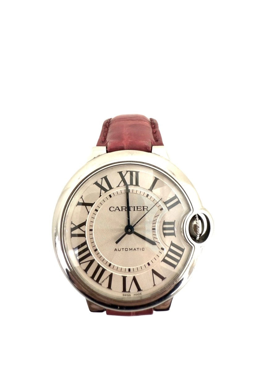 Cartier montre moyen modèle "Ballon bleu" en acier sur bracelet croco rouge. - Maison Eloe