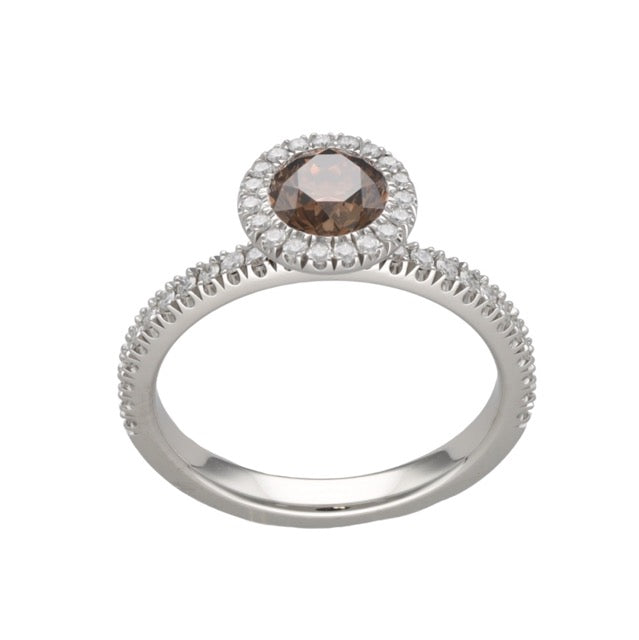 De Beers solitaire "Aura" in platinum, Fancy Dark Brown diamond, full set.
