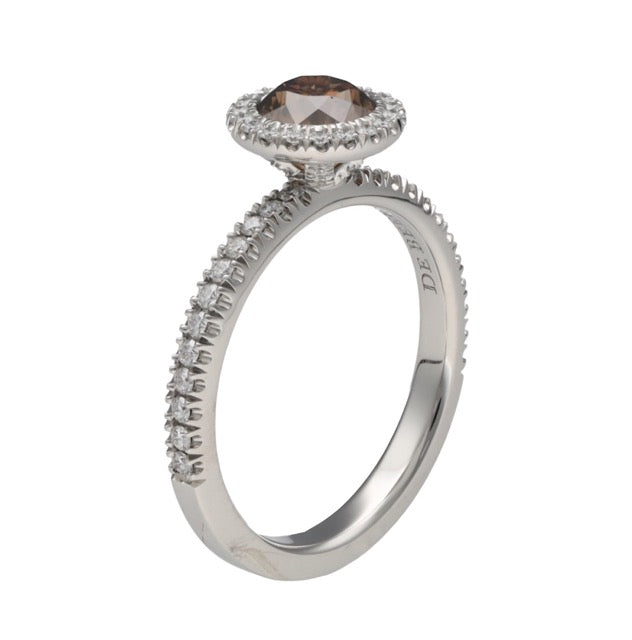 De Beers solitaire "Aura" in platinum, Fancy Dark Brown diamond, full set.