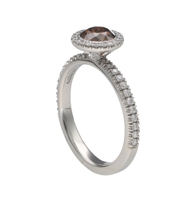 De Beers solitaire "Aura" in platinum, Fancy Dark Brown diamond, full set.
