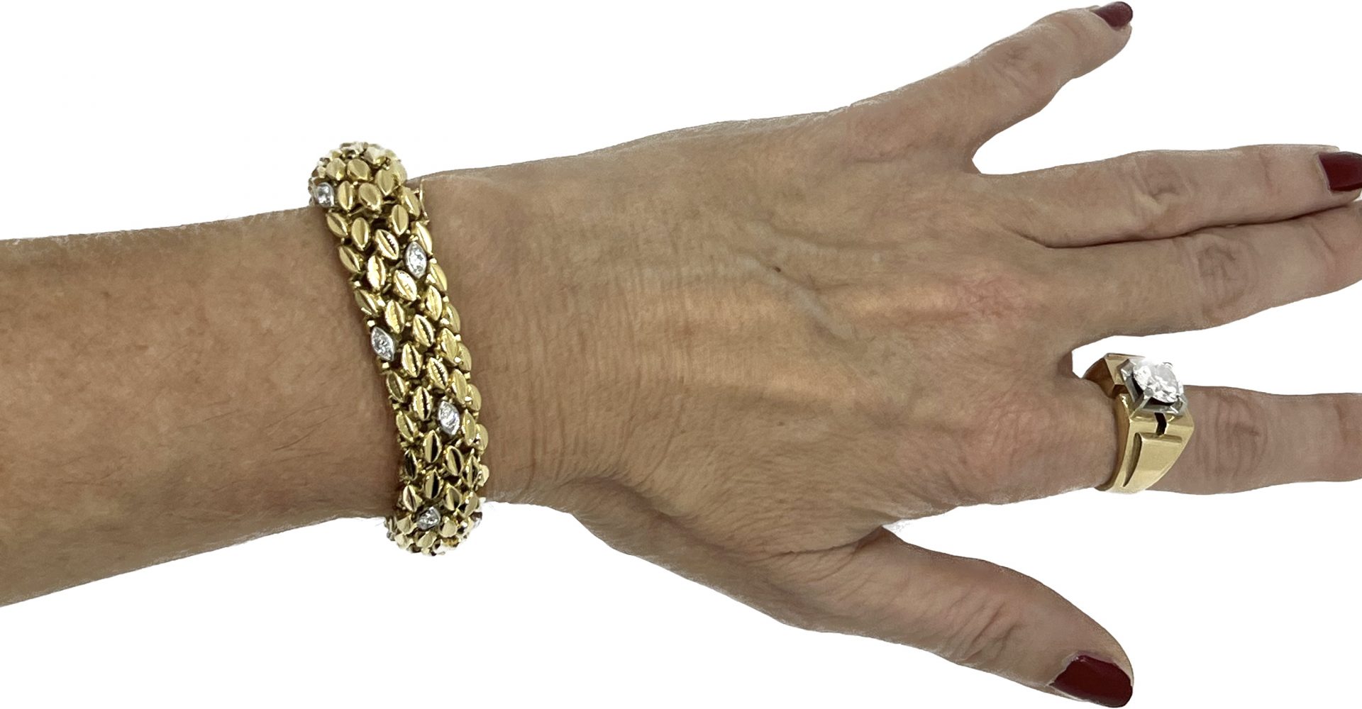 Bracelet maille grain de café or jaune 18K, platine et diamants.