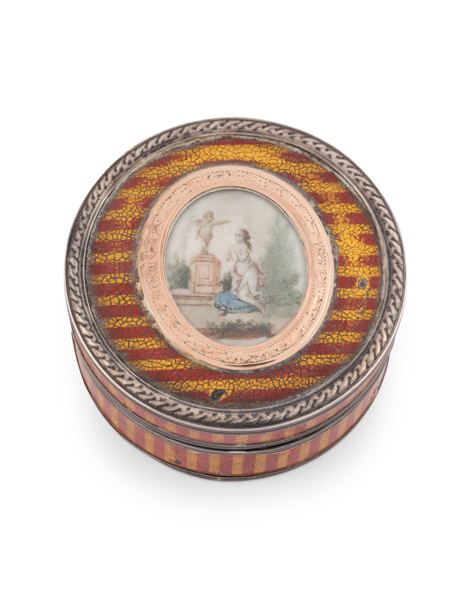 Late 18th century, round box in Martin varnish, red and gold railled