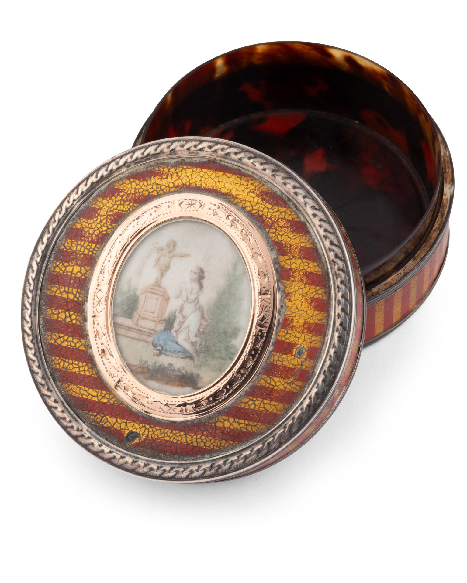 Fin XVIIIème, Boite ronde en Vernis Martin raillé Rouge et Or