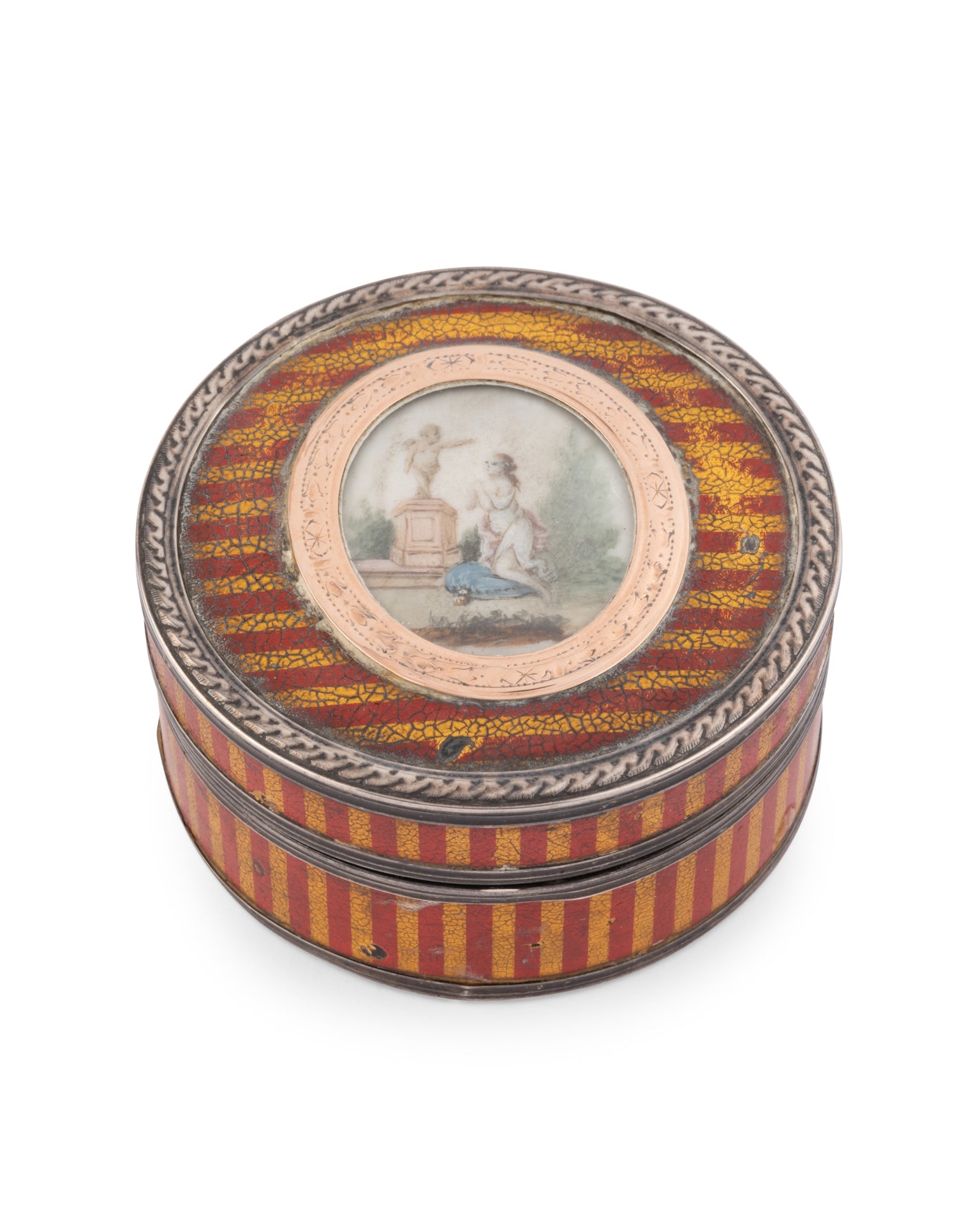 Fin XVIIIème, Boite ronde en Vernis Martin raillé Rouge et Or