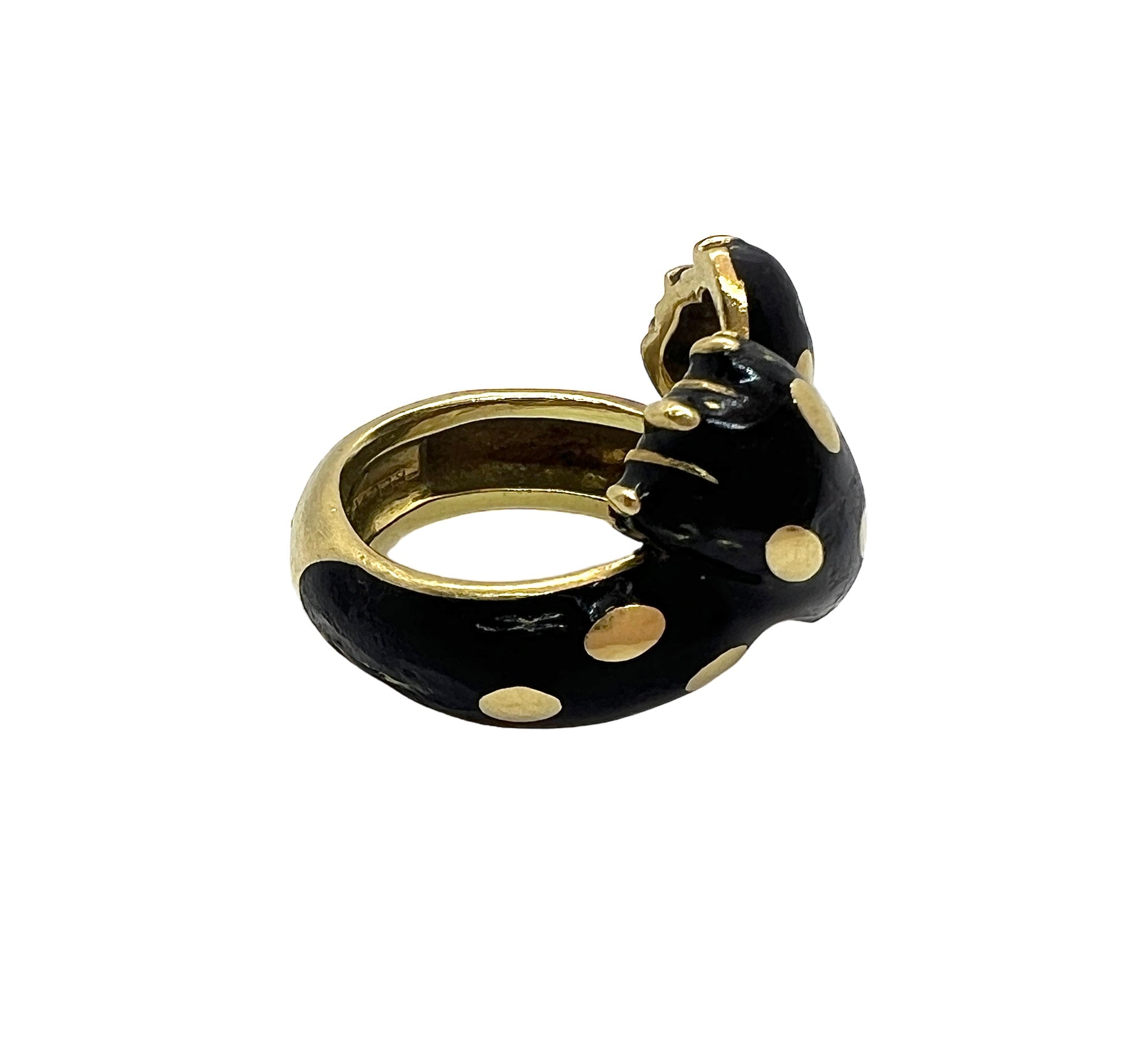 Fred Paris, Panther brooch in yellow gold with black enamel and ring