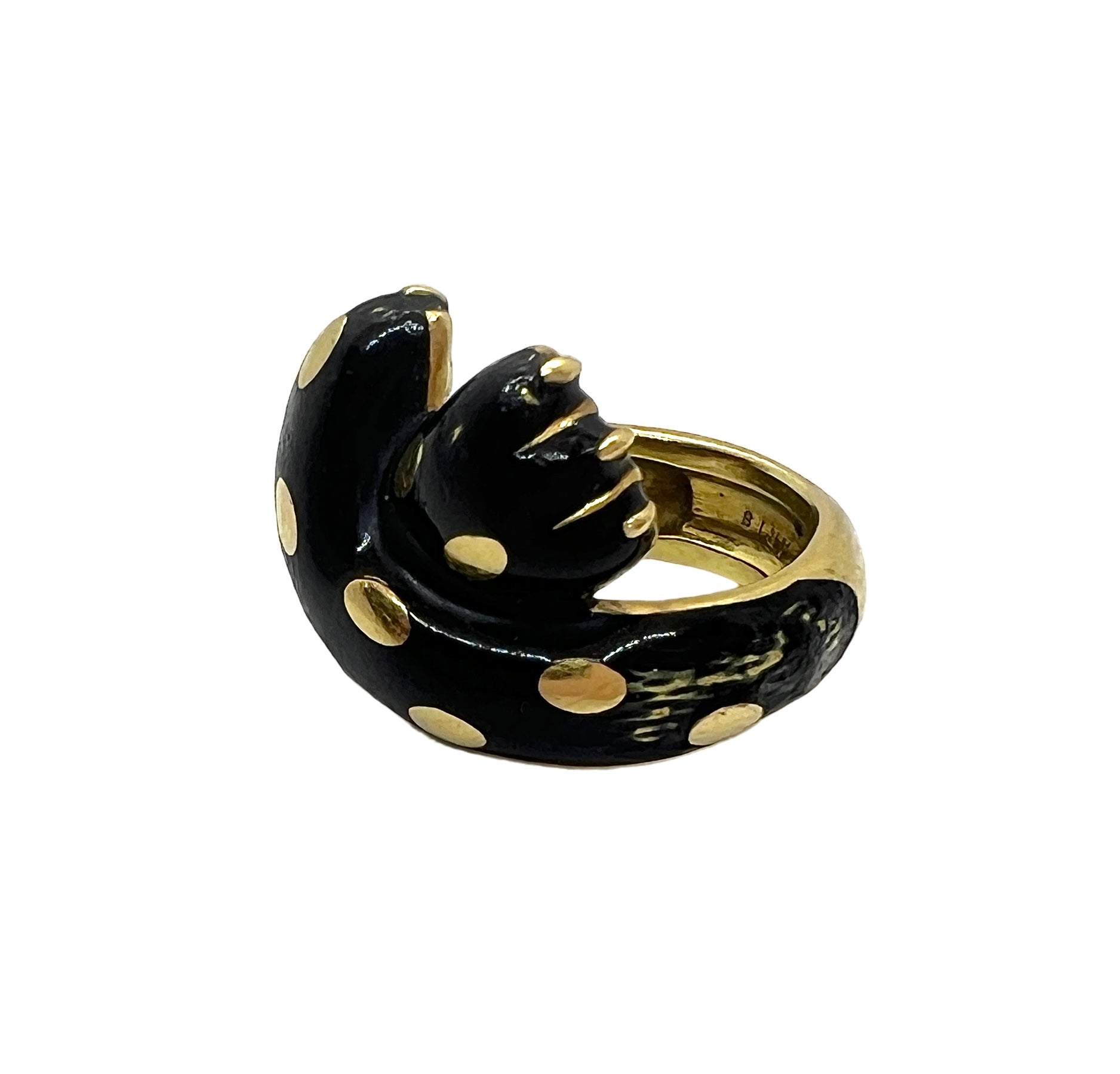 Fred Paris, Panther brooch in yellow gold with black enamel and ring