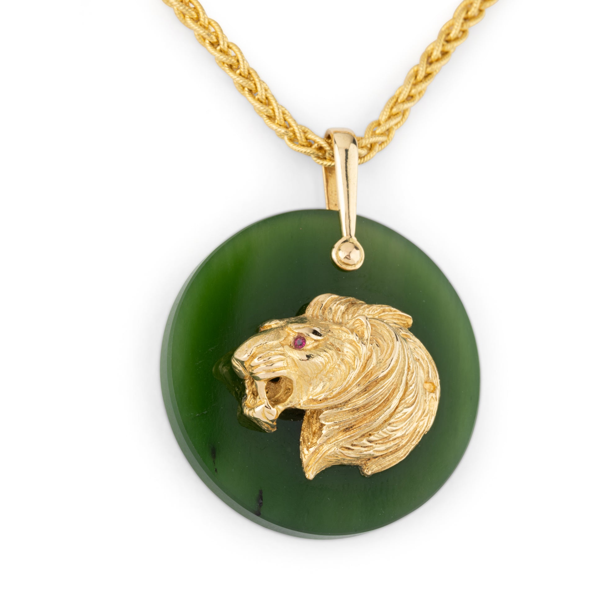Gay Freres, Gold Necklace and Nephrite Jade Pendant with Lion Head