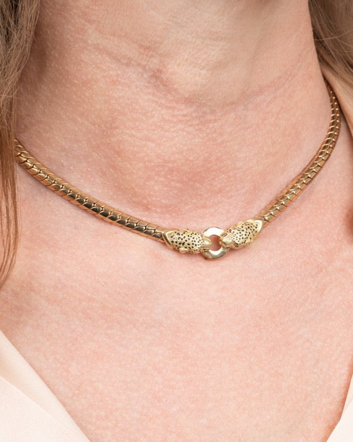 Gay Freres, Collier Têtes de Panthères maille Anglaise or émail et rubis
