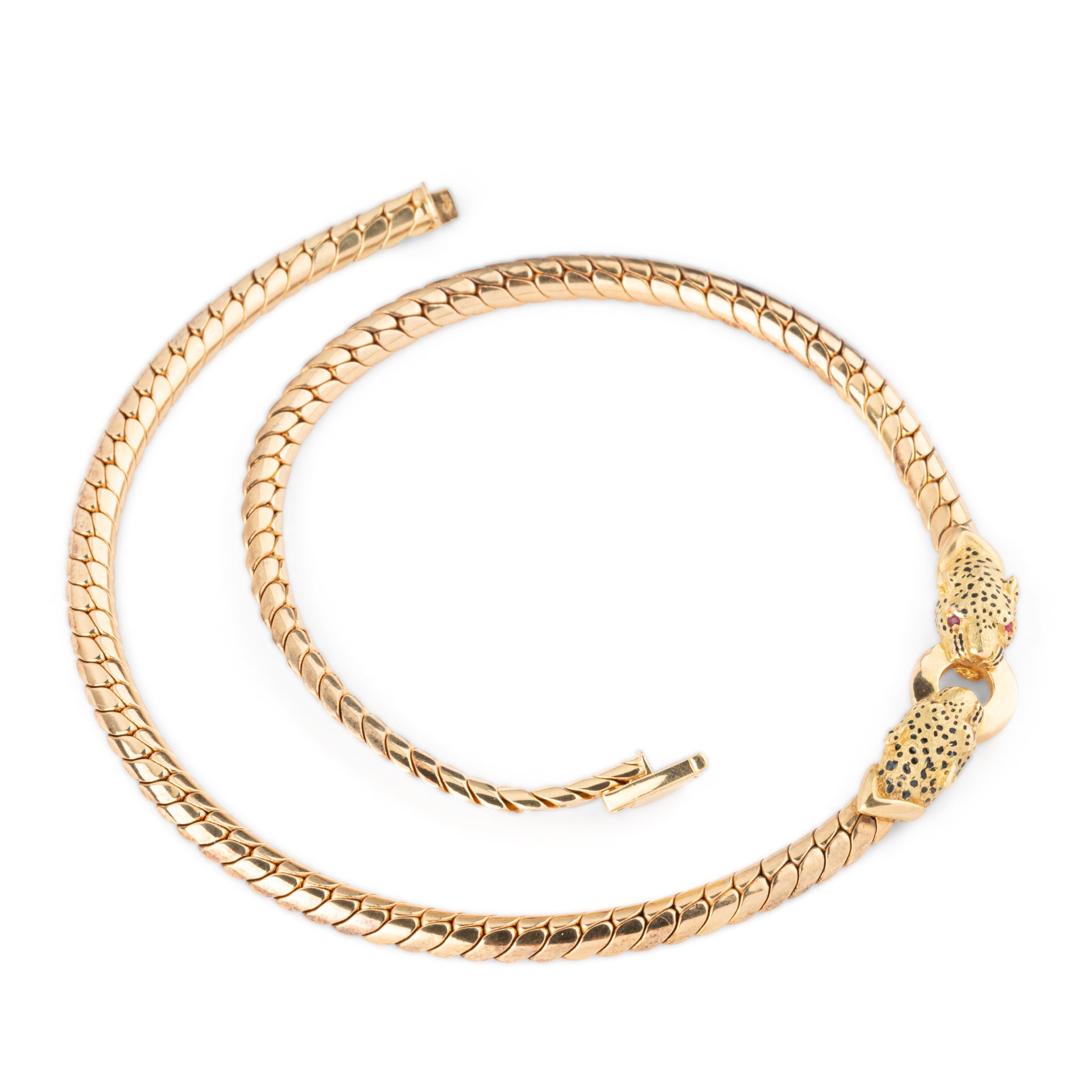 Gay Freres, Panther Head Necklace, English mesh, gold, enamel and ruby