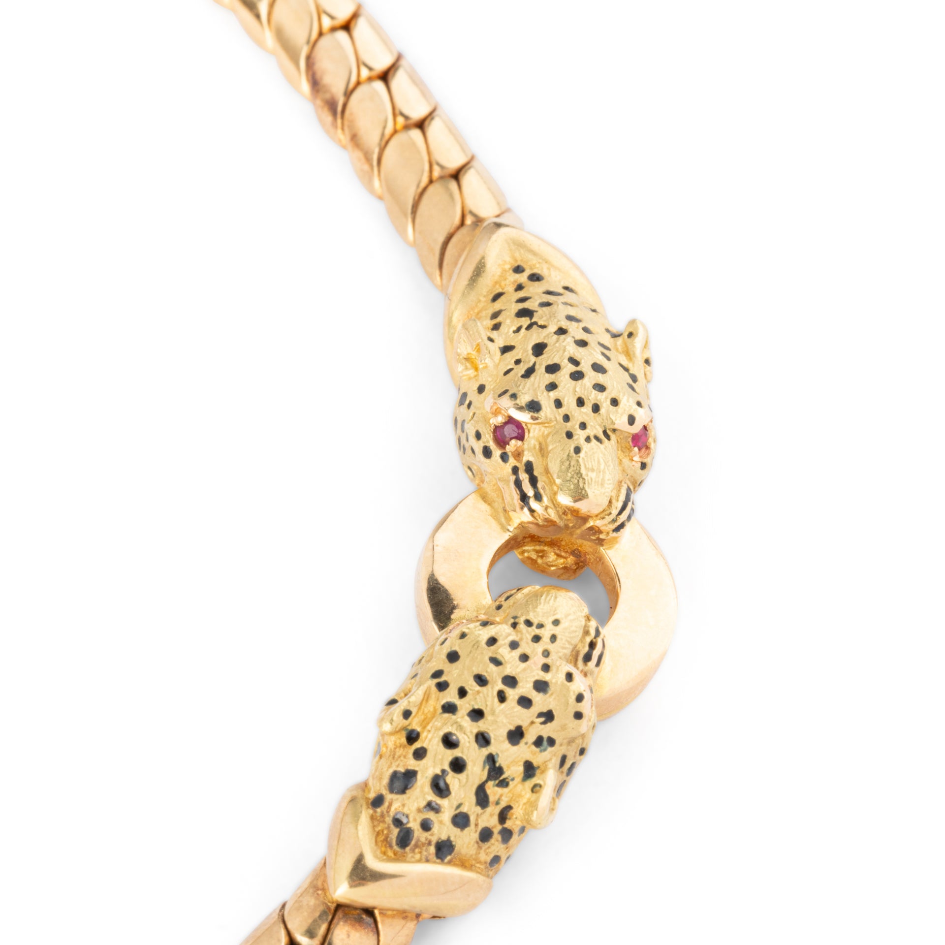 Gay Freres, Panther Head Necklace, English mesh, gold, enamel and ruby