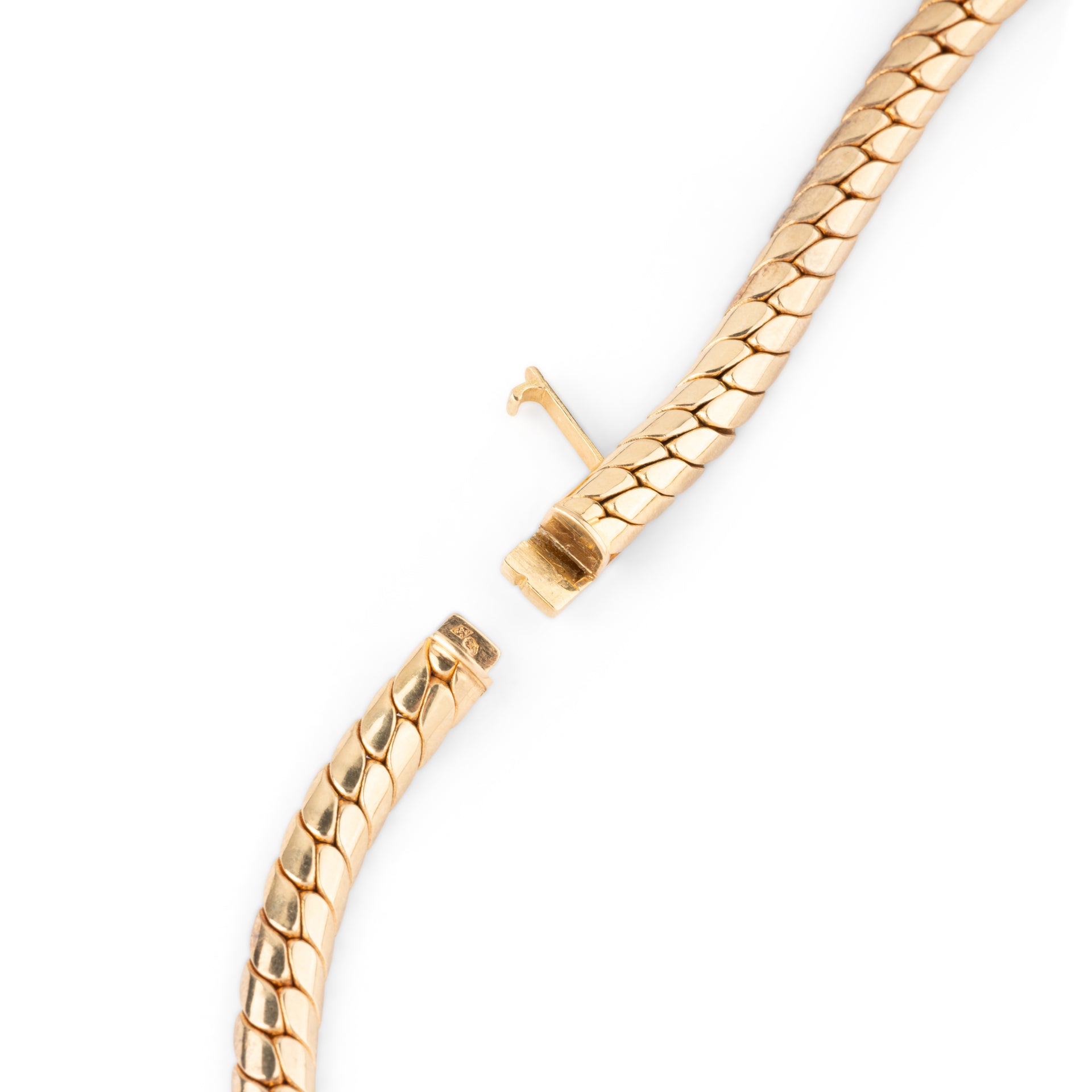 Gay Freres, Panther Head Necklace, English mesh, gold, enamel and ruby