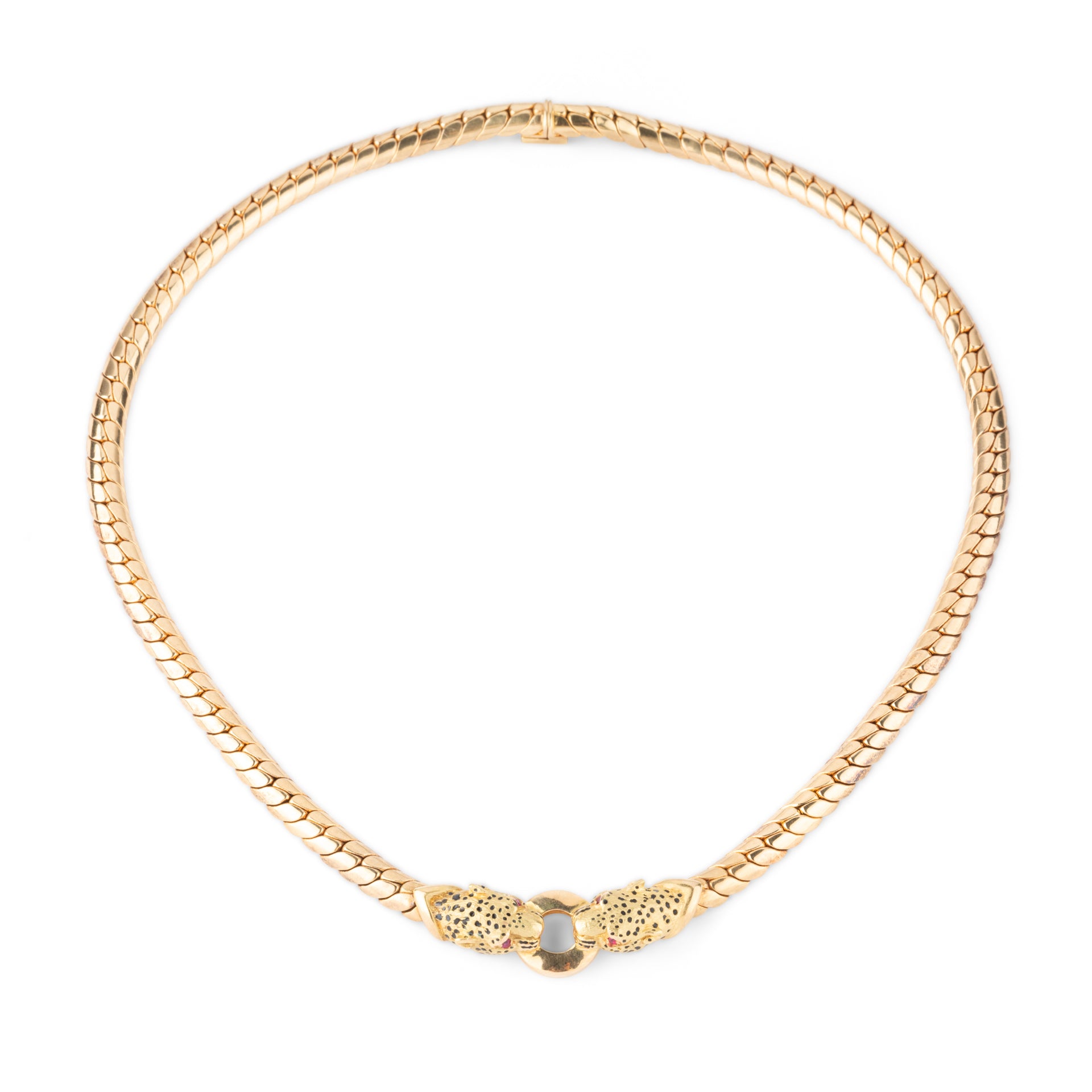 Gay Freres, Collier Têtes de Panthères maille Anglaise or émail et rubis