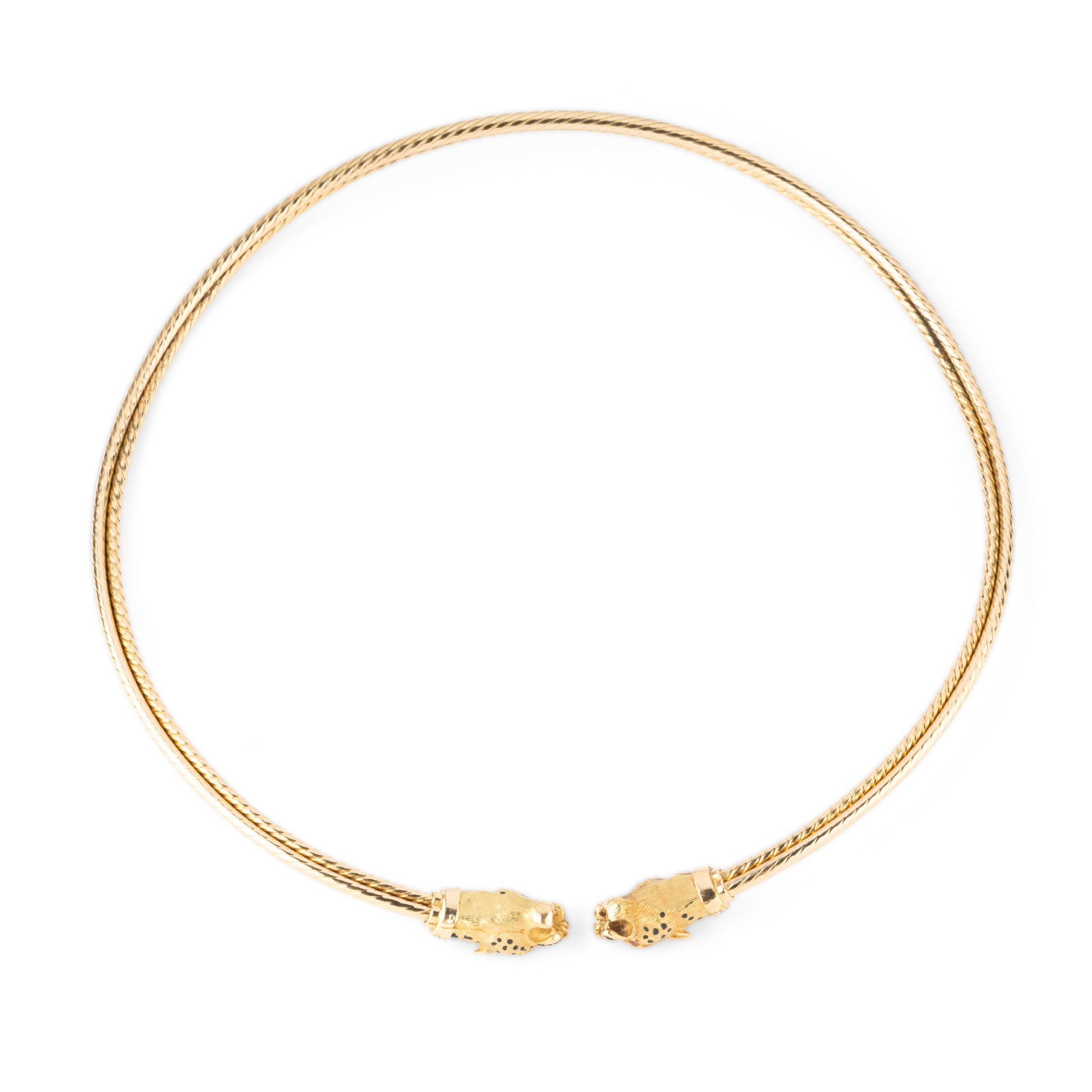 Gay Freres, Panther Head Torque Necklace, Gold, Diamonds, Enamel and Rubies