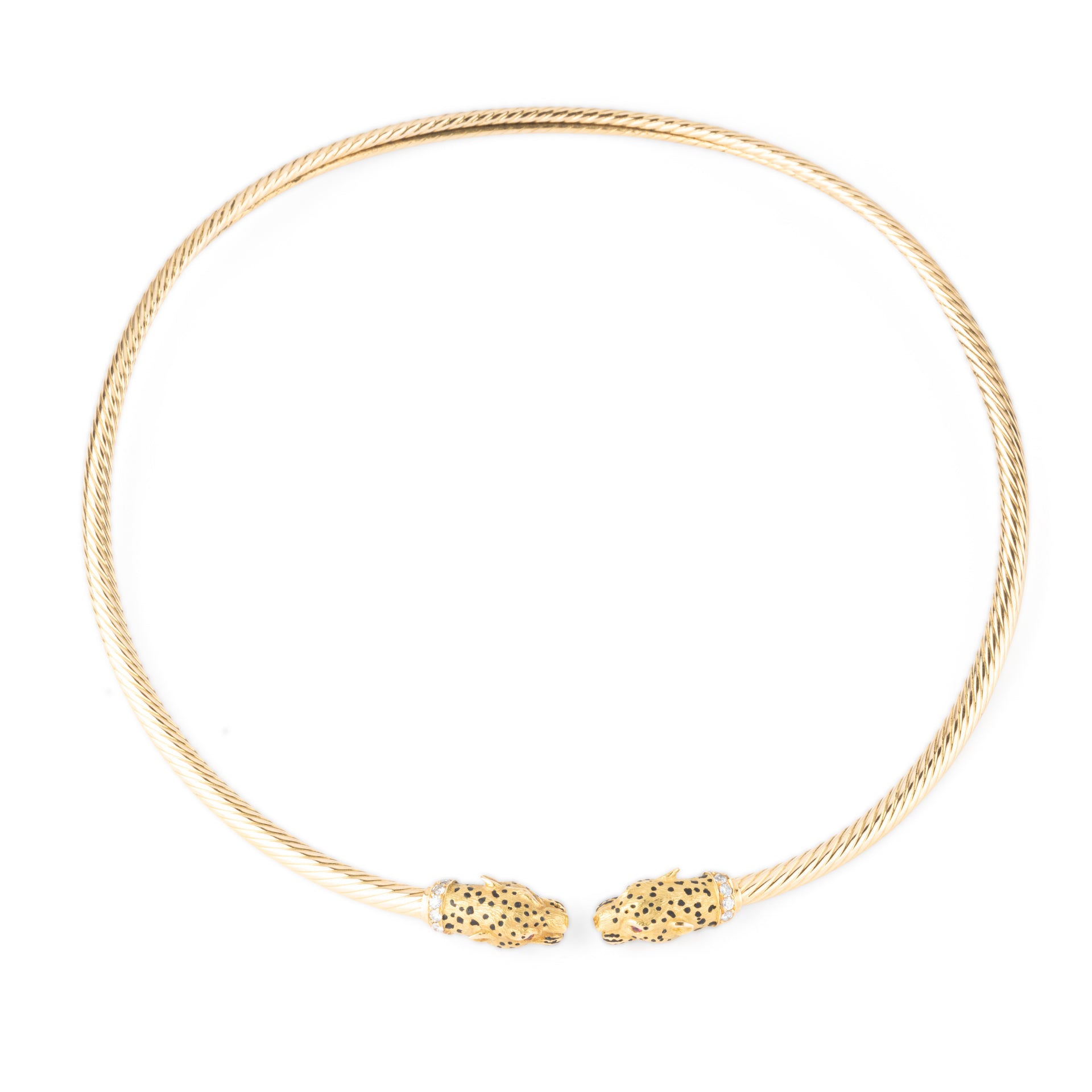 Gay Freres, Collier Torque vintage "têtes de Panthères," Or, diamants, émail et rubis
