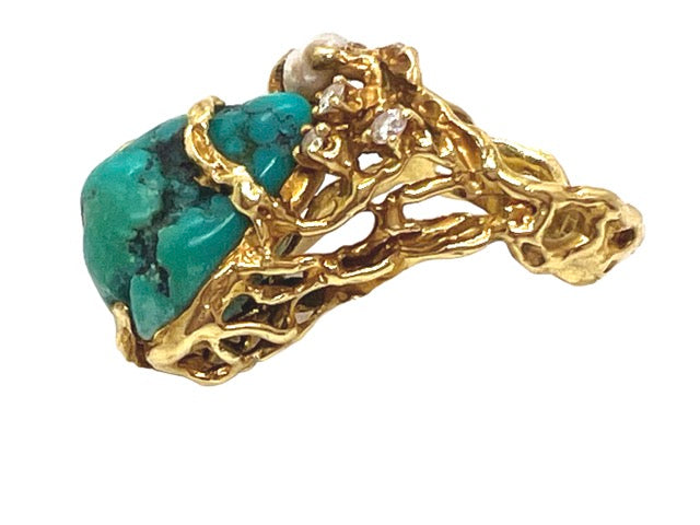 Gilbert Albert, Sculptural Ring, Turquoise, Baroque Pearl, Diamonds