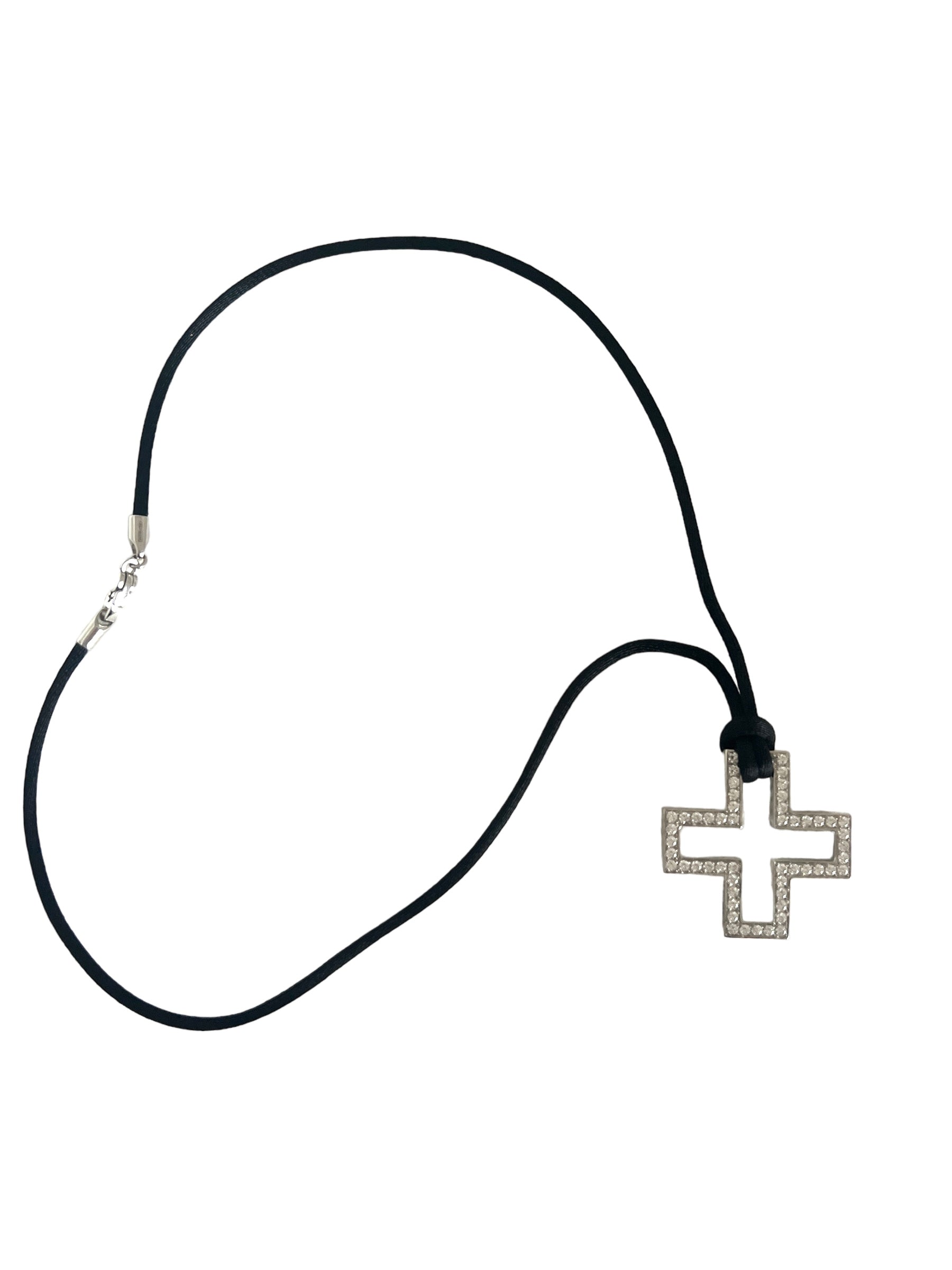 Gucci, Pendentif Croix or et diamants sur lien satin noir