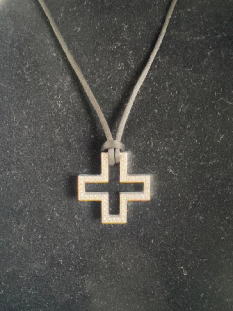 Gucci, Gold and diamond cross pendant on black satin strap