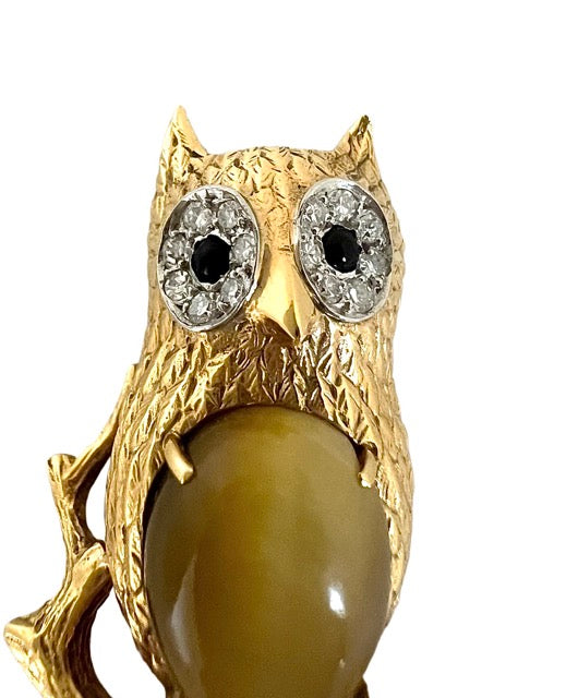 Hermes, Vintage Owl Brooch, Gold, Diamonds and Chrysoberyl