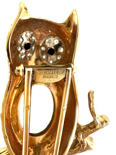 Hermes, Vintage Owl Brooch, Gold, Diamonds and Chrysoberyl
