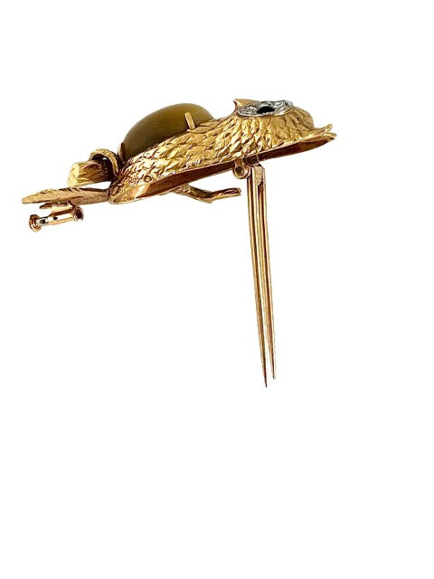Hermes, Vintage Owl Brooch, Gold, Diamonds and Chrysoberyl