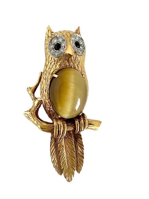 Hermes, Vintage Owl Brooch, Gold, Diamonds and Chrysoberyl