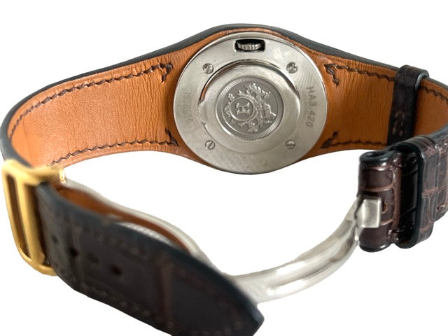 Hermès, Gold-plated Harnais watch on exotic leather