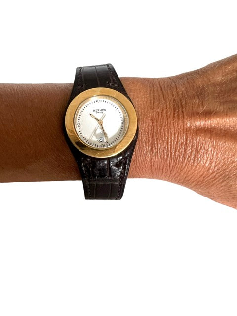 Hermès, Gold-plated Harnais watch on exotic leather