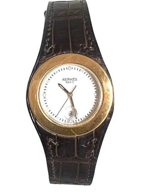 Hermès, Montre Harnais plaquée Or sur Cuir exotique