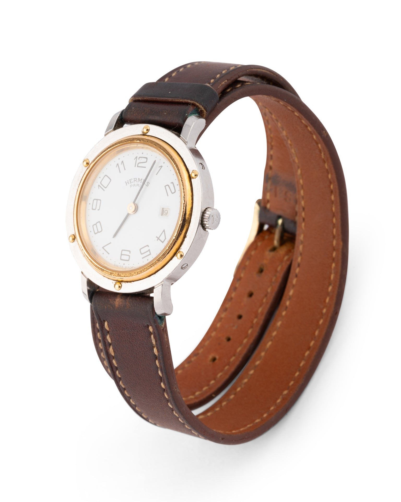 Hermes, "Clipper" Watch, Steel on Leather