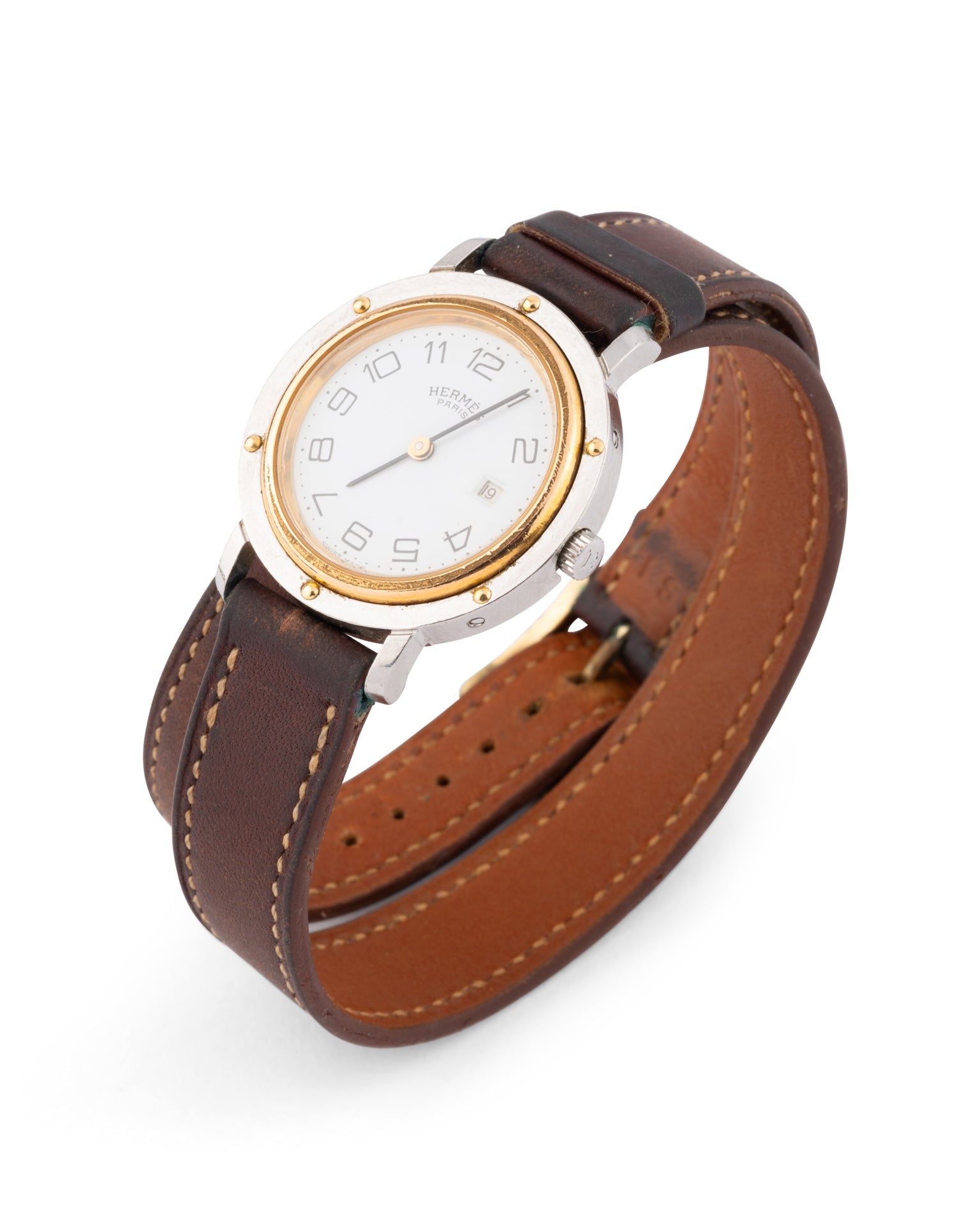 Hermes, "Clipper" Watch, Steel on Leather