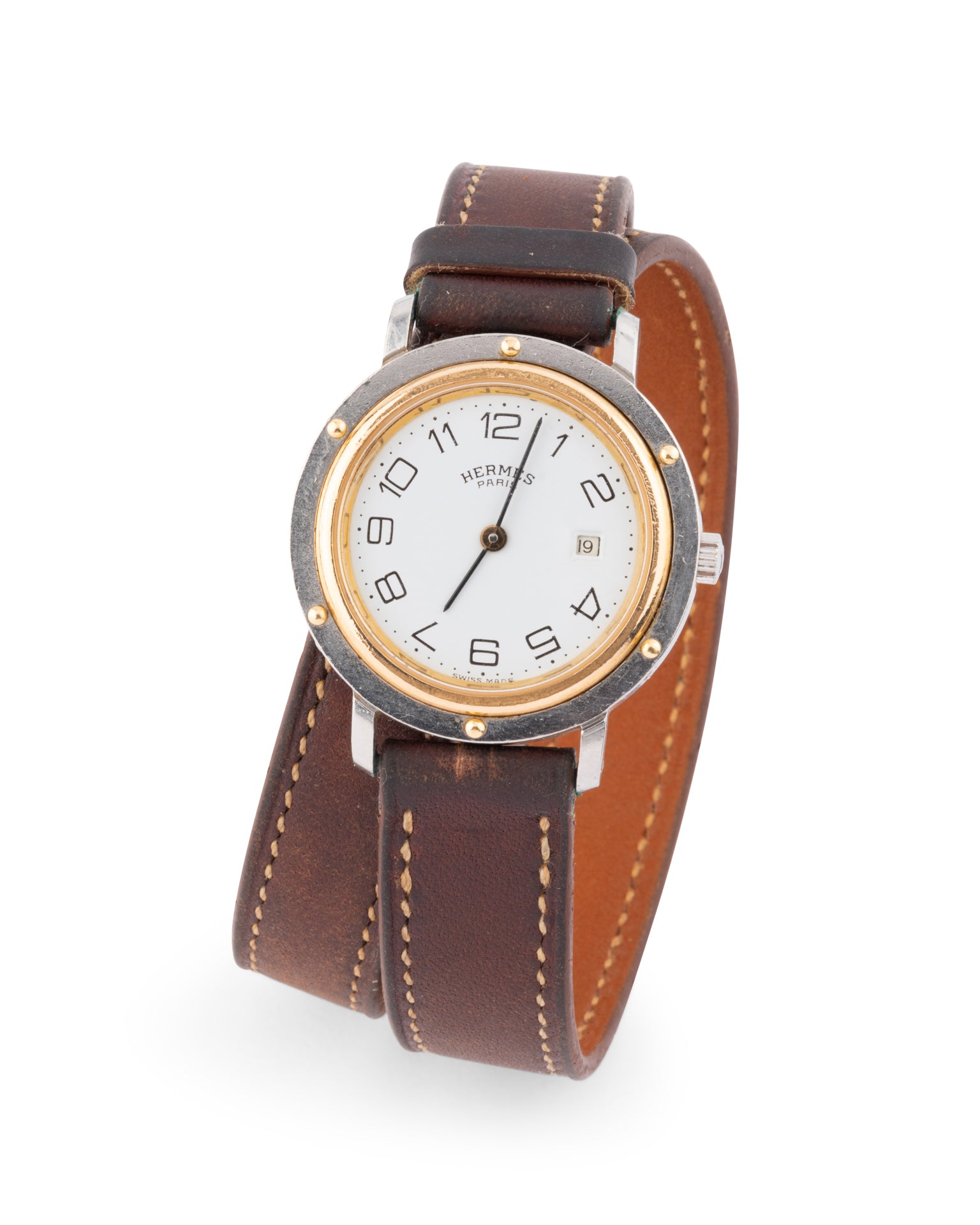 Hermes, Montre "Clipper" Acier sur Cuir