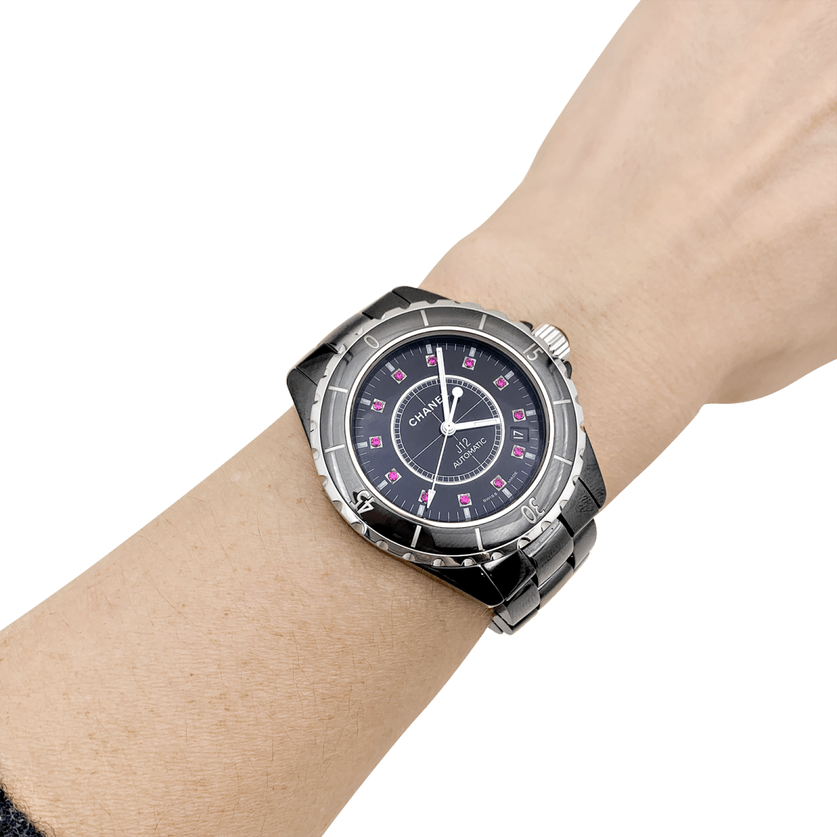Montre Chanel, "J12", céramique noire, rubis, acier. - Maison Eloe
