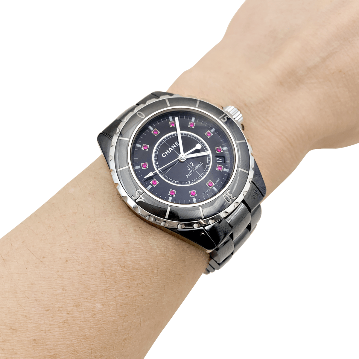 Montre Chanel, "J12", céramique noire, rubis, acier. - Maison Eloe