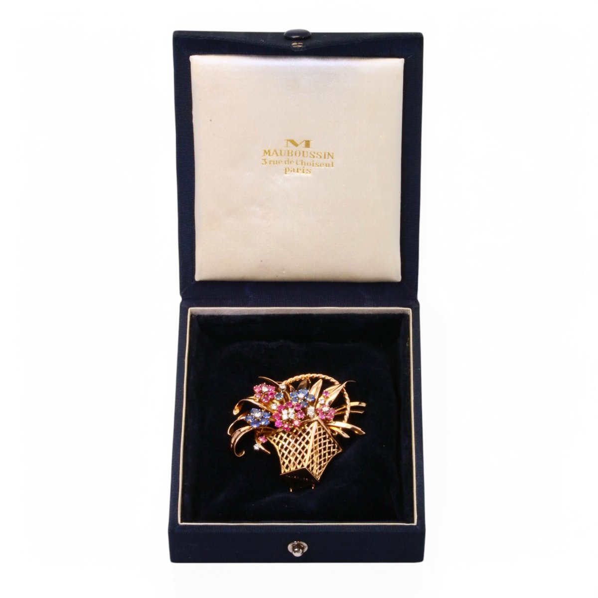 MAUBOUSSIN Broche clips jardinière en or, diamants, saphir et rubis. - Maison Eloe