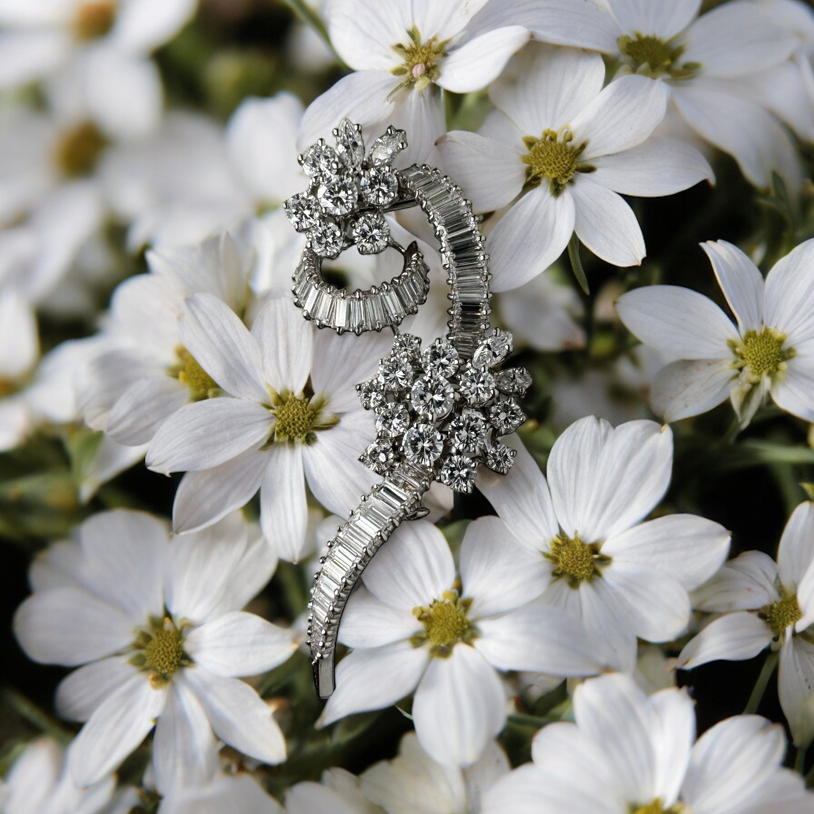 Clip fleurs en platine ornée de diamants.