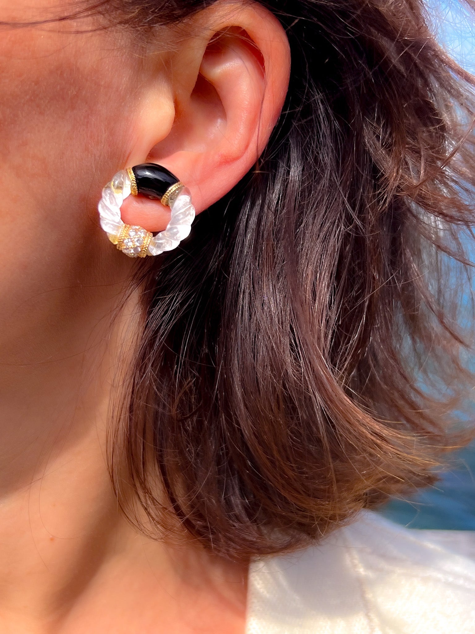 Boucheron earrings in yellow gold, onyx, rock crystal and diamonds