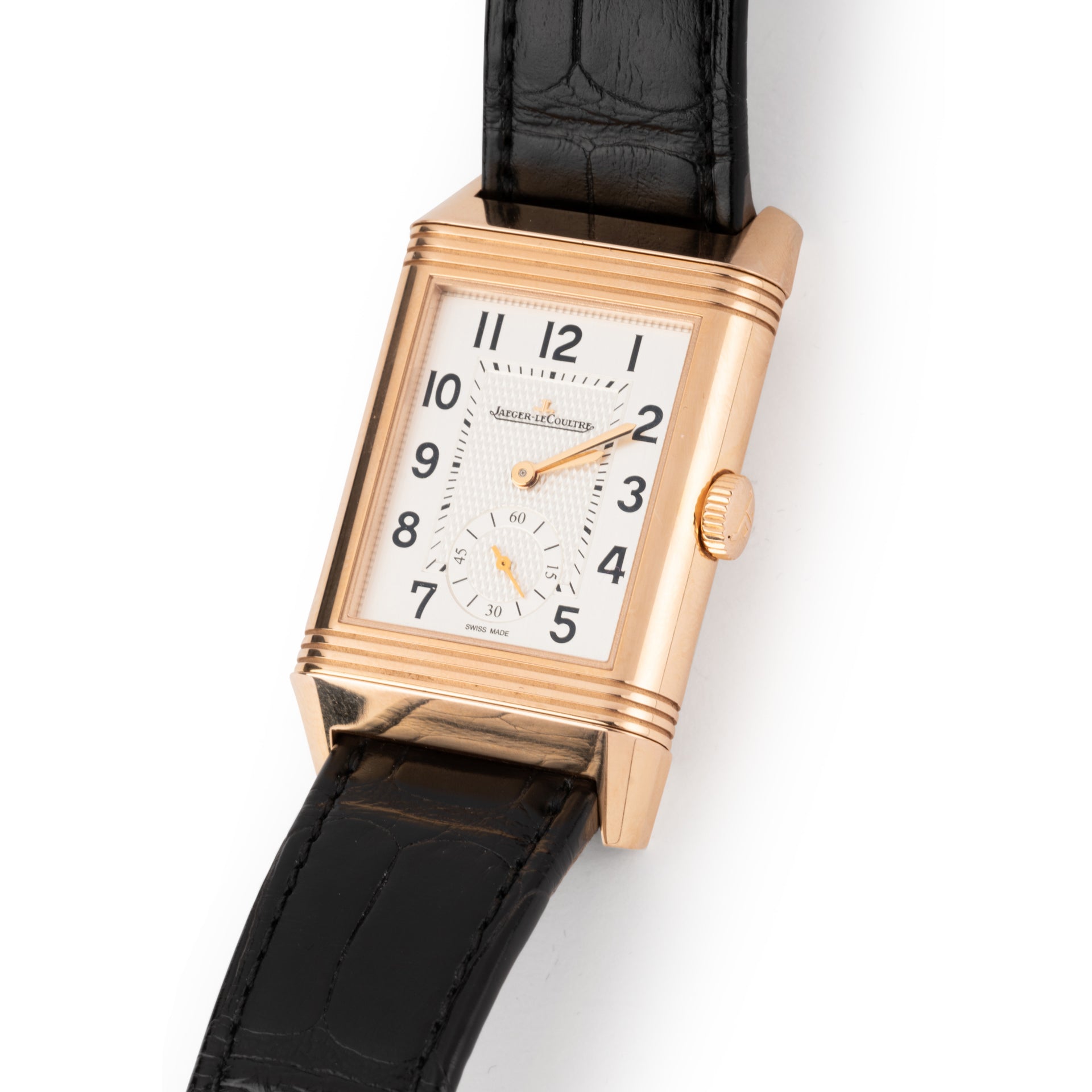 Montre Jaeger LeCoultre Reverso Duoface en or rose sur cuir full set