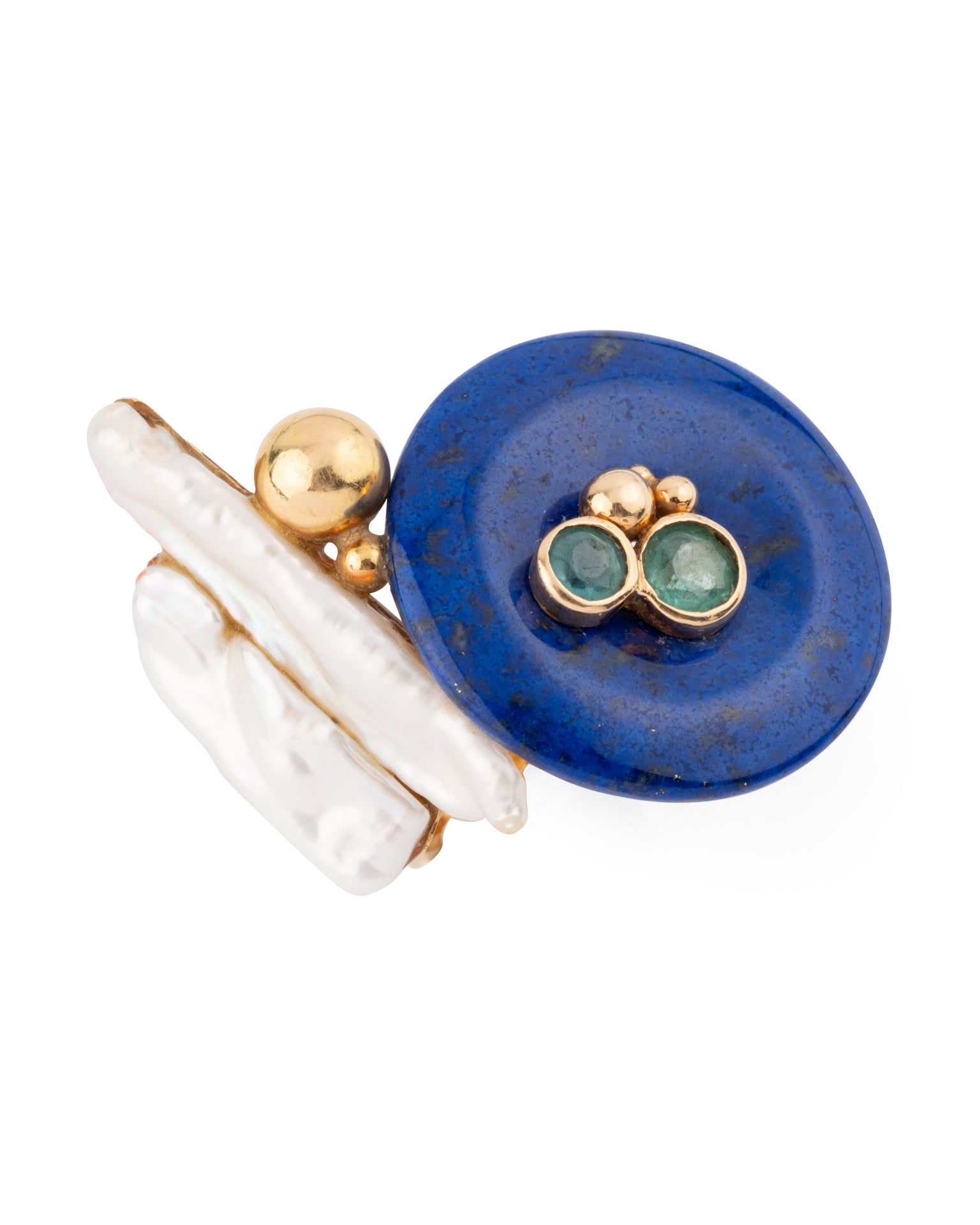 Jean Vendôme, Vintage Cocktail Ring, 18K Yellow Gold, Lapis Lazuli, Emeralds, Pearl