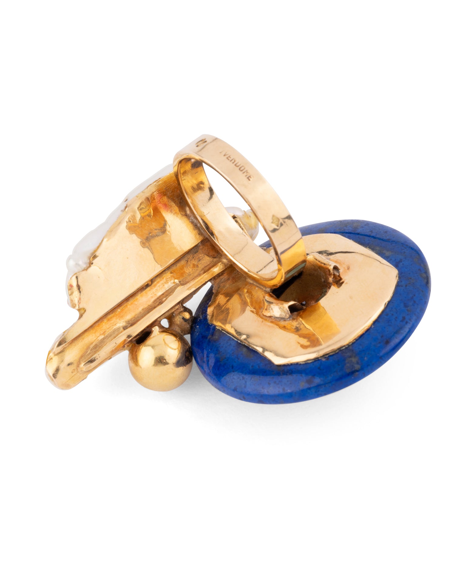 Jean Vendôme, Vintage Cocktail Ring, 18K Yellow Gold, Lapis Lazuli, Emeralds, Pearl