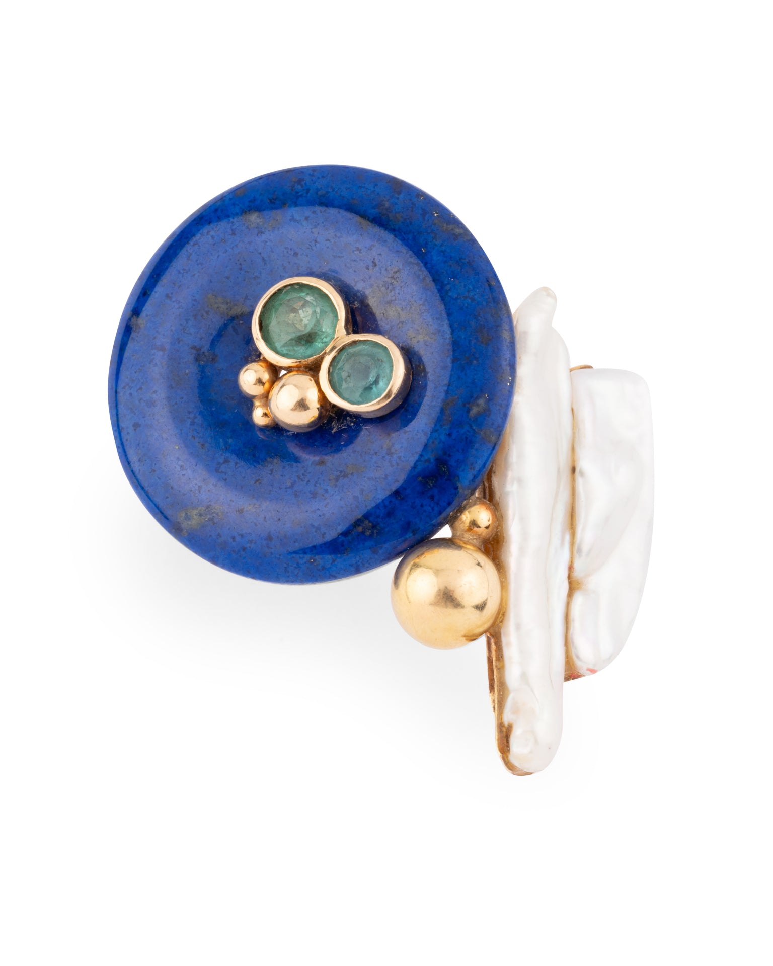 Jean Vendôme, Bague Cocktail Vintage, Or jaune 18K, lapis lazuli, Emeraudes, Perle