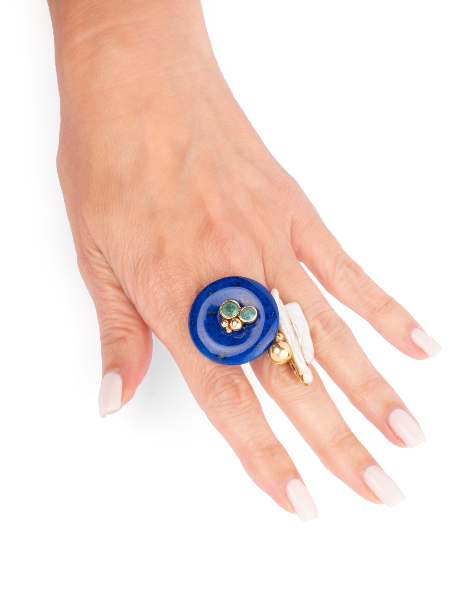 Jean Vendôme, Vintage Cocktail Ring, 18K Yellow Gold, Lapis Lazuli, Emeralds, Pearl